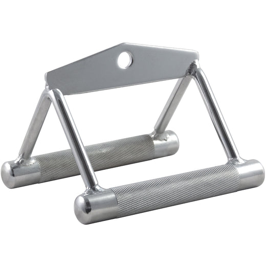 Angled shot of single cable crossover machine triangle attachment
