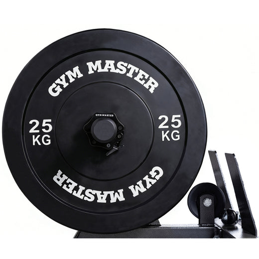 A close up shot of a black GYM MASTER weight plate adapter sleeve