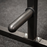 Thumbnail for A weight lifting rack presented in a home gym setting, showcasing attachment points for weight plates