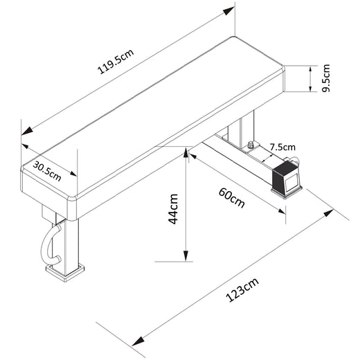 A technical drawing of a weight lifting bench, showcasing the dimensions