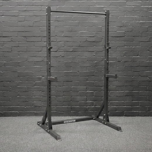 Angled shot of adjustable squat rack stand in gym background