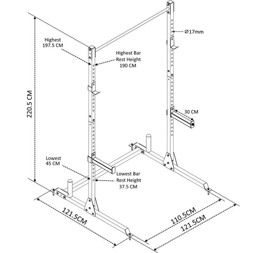Angled shot of adjustable squat rack stand with dimensional information