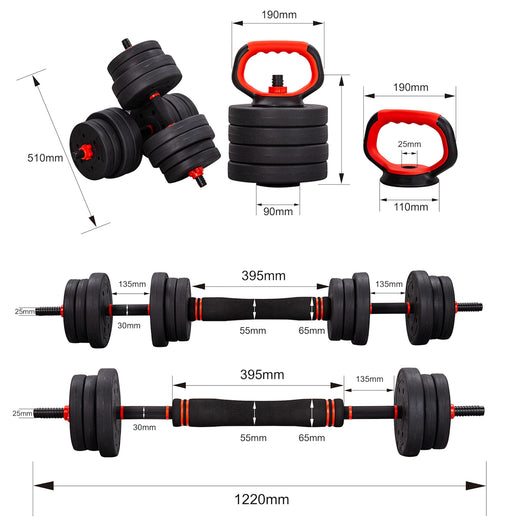 6 in 1 Adjustable Dumbbell Barbell Weight Lifting Bar and Kettlebell Set  20kg / 25kg / 30kg