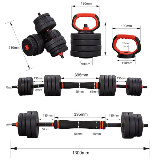 6 in 1 Adjustable Dumbbell Barbell Weight Lifting Bar and Kettlebell Set  20kg / 25kg / 30kg