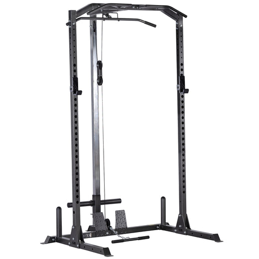 A black weight lifting rack, showcasing additional modules