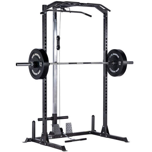 A black weight lifting rack, showcasing additional modules