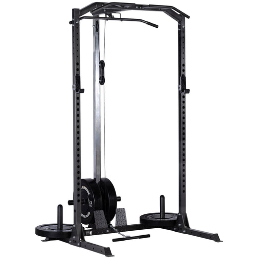 A black weight lifting rack, showcasing additional modules