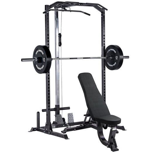 A black weight lifting rack, showcasing additional modules