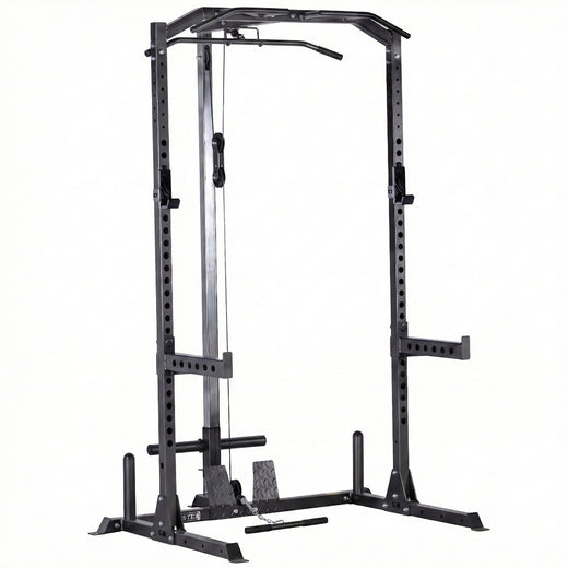 A black weight lifting rack, showcasing additional modules