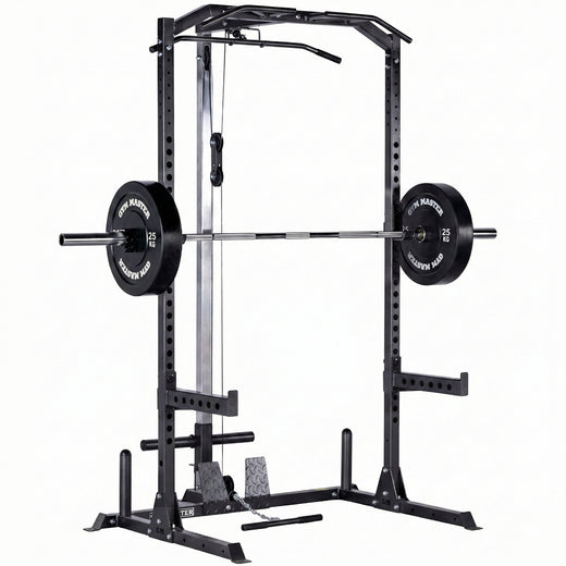 A black weight lifting rack, showcasing additional modules