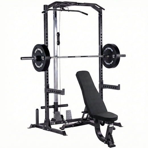 A black weight lifting rack, showcasing additional modules