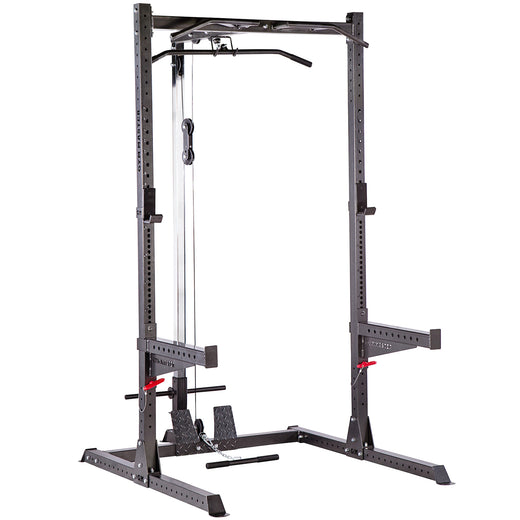 A black weight lifting rack, showcasing additional modules