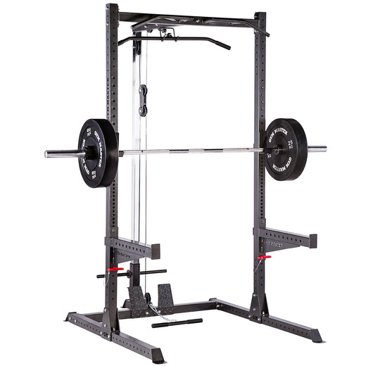 A black weight lifting rack, showcasing additional modules