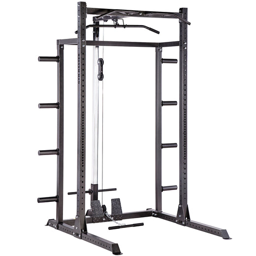 A black weight lifting rack, showcasing additional modules