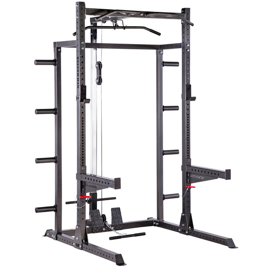 A black weight lifting rack, showcasing additional modules