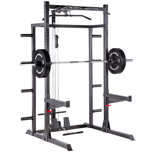A black weight lifting rack, showcasing additional modules