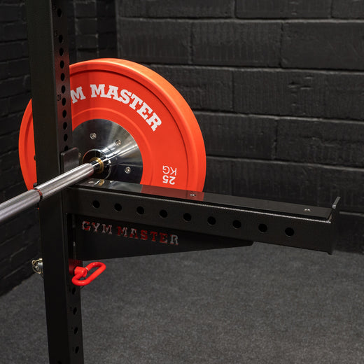 A black weight lifting rack, showcasing additional modules in gym background