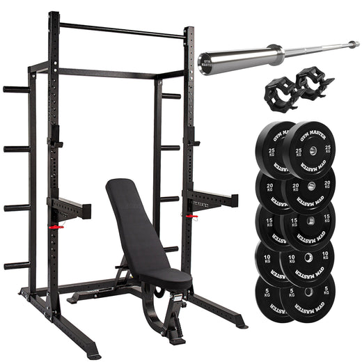 GM2 Half Power Rack Set With Bench Barbell and Bumper Weight Plates
