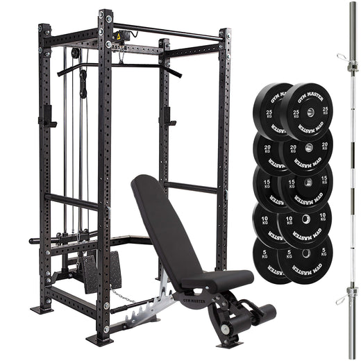 GM3 Power Rack Cable System, Bench, 150kg Bumper Plates, and Optional 6ft Int'l or 7ft Barbell