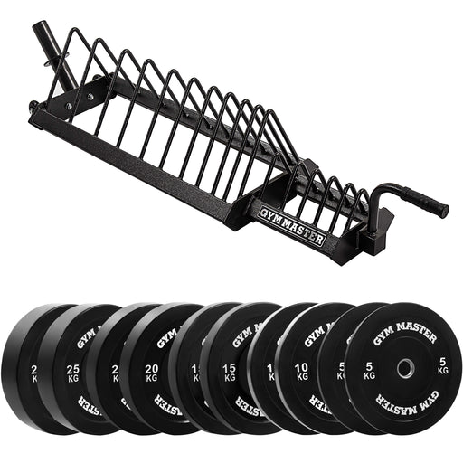 150KG Black Bumper Plates Set & Storage Rack