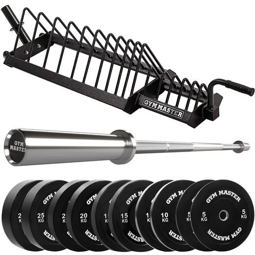 Olympic Barbell With Bumper Plate Set and Weight Storage Stand