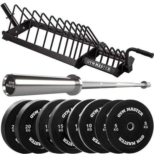 Olympic Barbell With Bumper Plate Set and Weight Storage Stand
