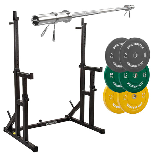 Heavy Duty Adjustable Squat Rack With 6ft Int. Barbell and Coloured Weight Plates