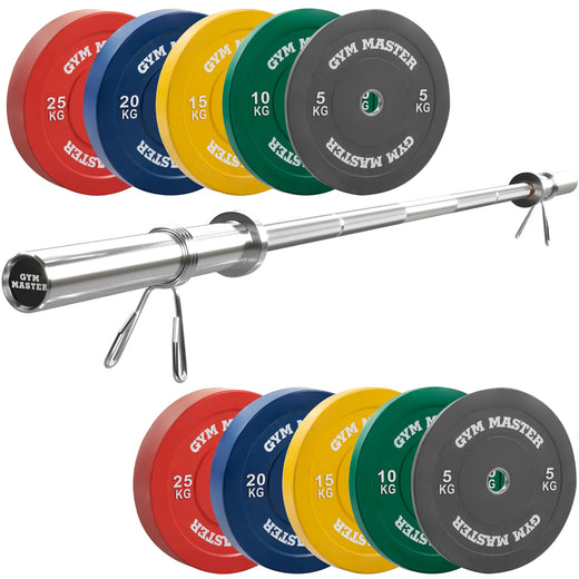 Olympic Weight Bar and Coloured Bumper Plates Set