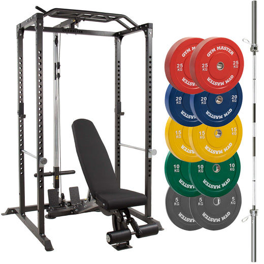 GM1 Power Rack Set with Bench Barbell and Coloured Bumper Weight Set