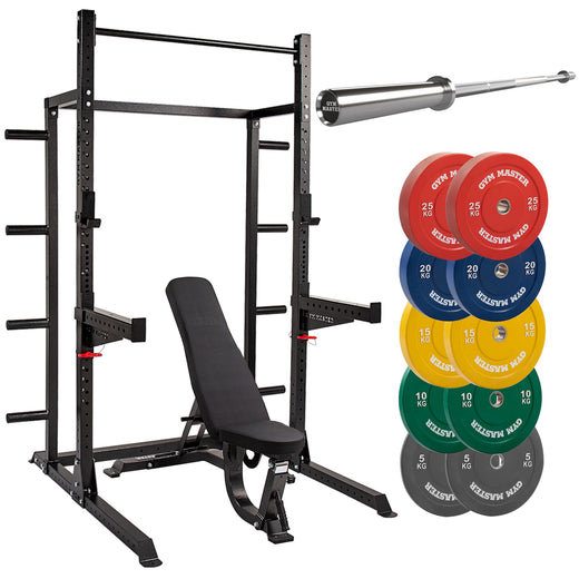 GM2 Half Power Rack Set With Bench Barbell and Coloured Bumper Weight Plates