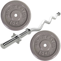 Thumbnail for Two gunmetal GYM MASTER weight plates and chrome ez-bar barbell
