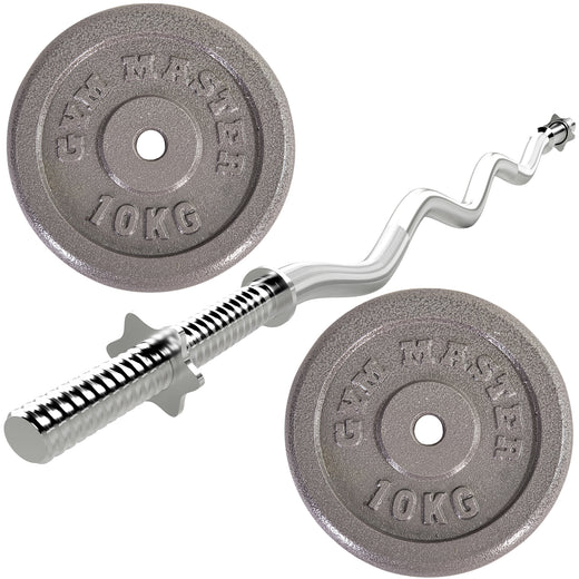 Two gunmetal GYM MASTER weight plates and chrome ez-bar barbell