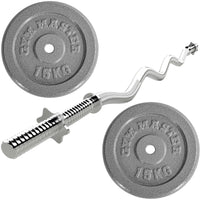 Thumbnail for Two gunmetal GYM MASTER weight plates and chrome ez-bar barbell