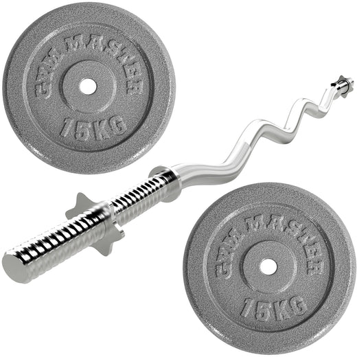 Two gunmetal GYM MASTER weight plates and chrome ez-bar barbell