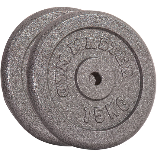 Two gunmetal GYM MASTER weight plates
