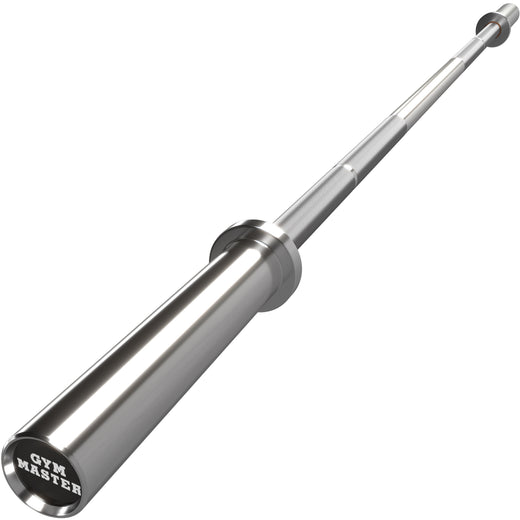 A chrome finish barbell, with diamond knurled grip pattern in key areas on a white background