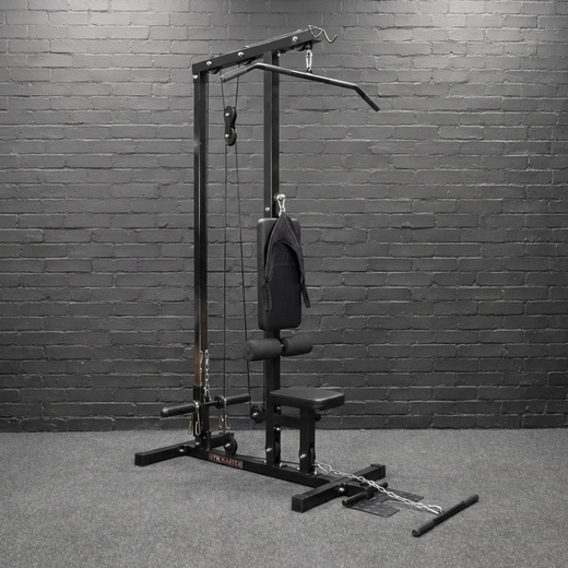 Angled shot of GYM MASTER lat pulldown cable machine in gym background