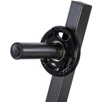 Thumbnail for A set of tri grip GYM MASTER weight plates of various weights, mounted on a weight holder