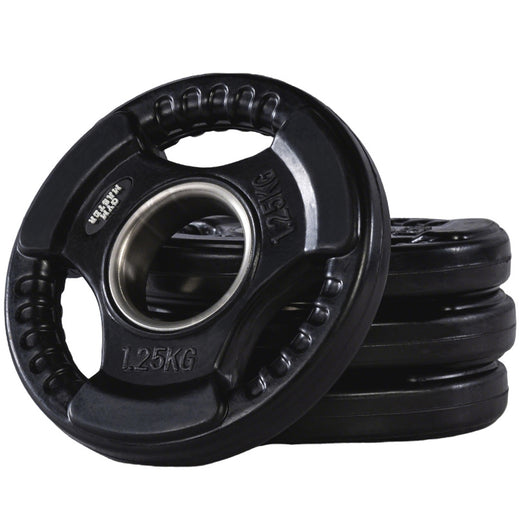 A set of tri grip GYM MASTER weight plates of various weights