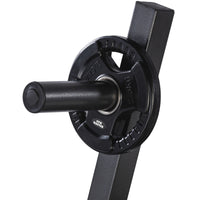 Thumbnail for A set of tri grip GYM MASTER weight plates of various weights, mounted on a weight holder