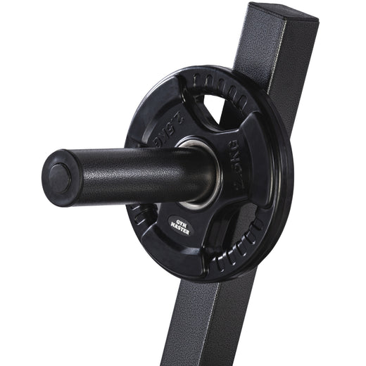 A set of tri grip GYM MASTER weight plates of various weights, mounted on a weight holder