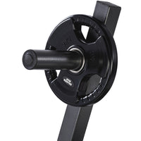Thumbnail for A set of tri grip GYM MASTER weight plates of various weights, mounted on a weight holder