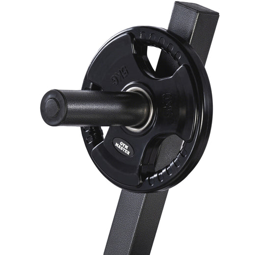 A set of tri grip GYM MASTER weight plates of various weights, mounted on a weight holder