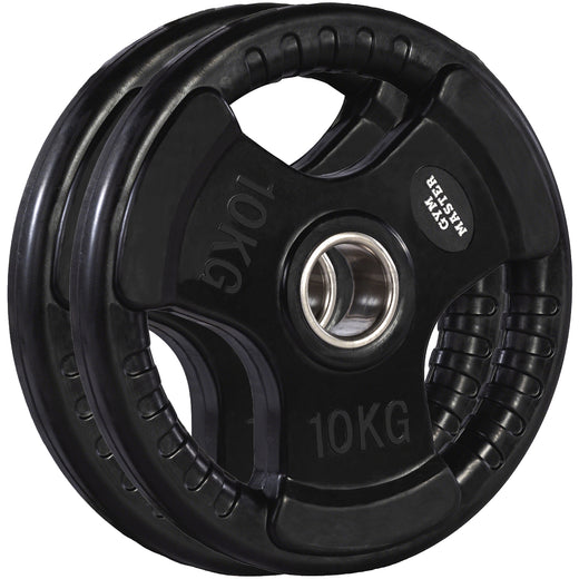 A set of tri grip GYM MASTER weight plates of various weights