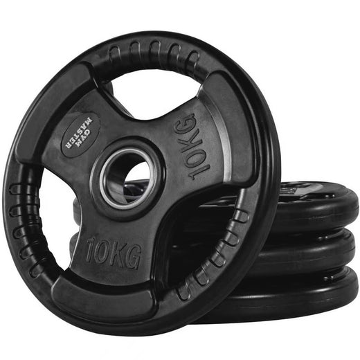 A set of tri grip GYM MASTER weight plates of various weights