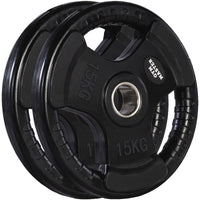 Thumbnail for A set of tri grip GYM MASTER weight plates of various weights