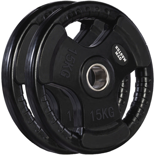 A set of tri grip GYM MASTER weight plates of various weights