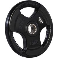 Thumbnail for A set of tri grip GYM MASTER weight plates of various weights