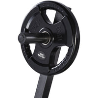Thumbnail for A set of tri grip GYM MASTER weight plates of various weights, mounted on a weight holder