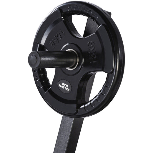 A set of tri grip GYM MASTER weight plates of various weights, mounted on a weight holder
